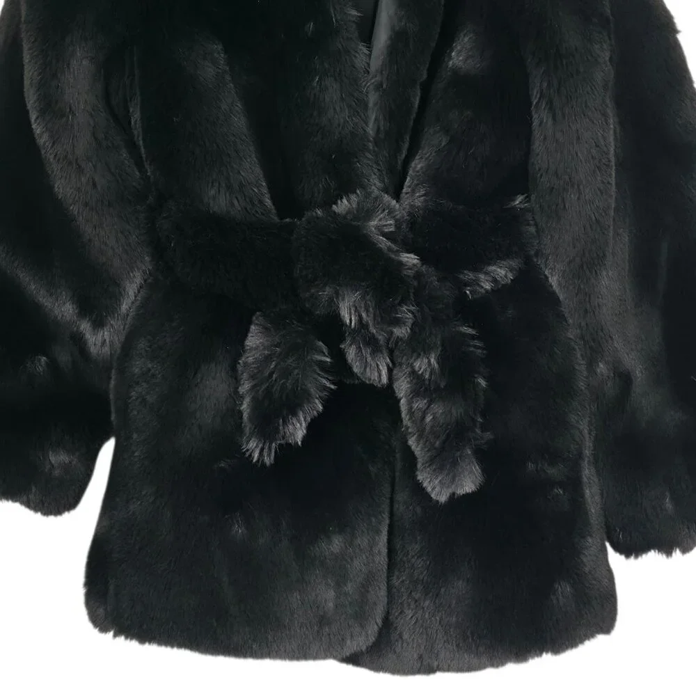 Alo‎ Yoga Starstruck Faux Fur Coat Black Belted Size S